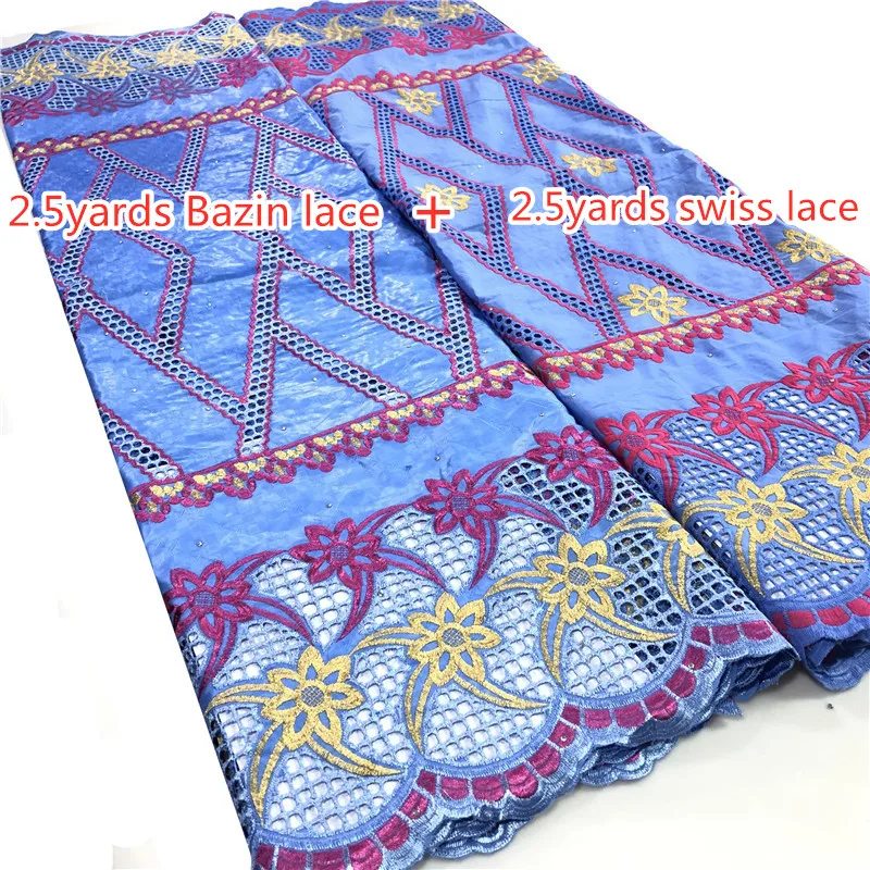 

100% Cotton African Bazin Riche Brode Fabric with Swiss Voile Lace Damask Shadda Guinea Brocade Lace Fabric 2.5+2.5yards