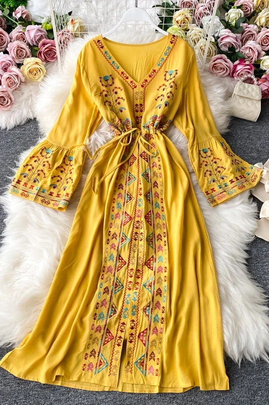 

Summer Women's Dress Heavy Industry Embroidery V-neck Drawstring Trumpet Sleeves Ethnic Style Thin Waist Long Dresses