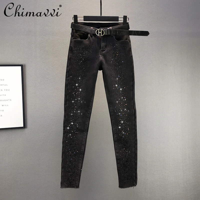 

European Style Hot Drilling Velvet Thick Jeans Female 2021 New Winter Clothes Slim-Fit High Waist Denim Skinny Pants for Women