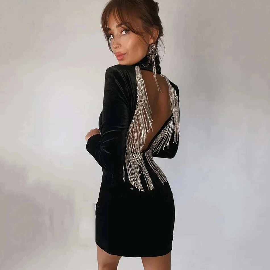 

Y2k Turtleneck Slim Solid Party Dresses Woman Evening Dress Sexy Long Sleeve Backless Fringed Velvet Elegant Dresses for Women