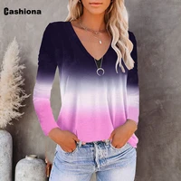 cashiona plus size ladies elegant fashion gradient print t shirt loose v neck women basic top clothing 2021 patchwork tees shirt