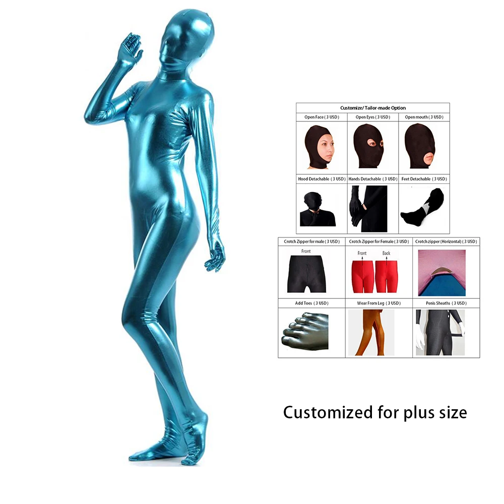 

2021 free shipping bodysuit metallic Spandex Shiny Light Blue women's Unitard Catsuits Metallic Footed Zipper Zentai Bodysuit