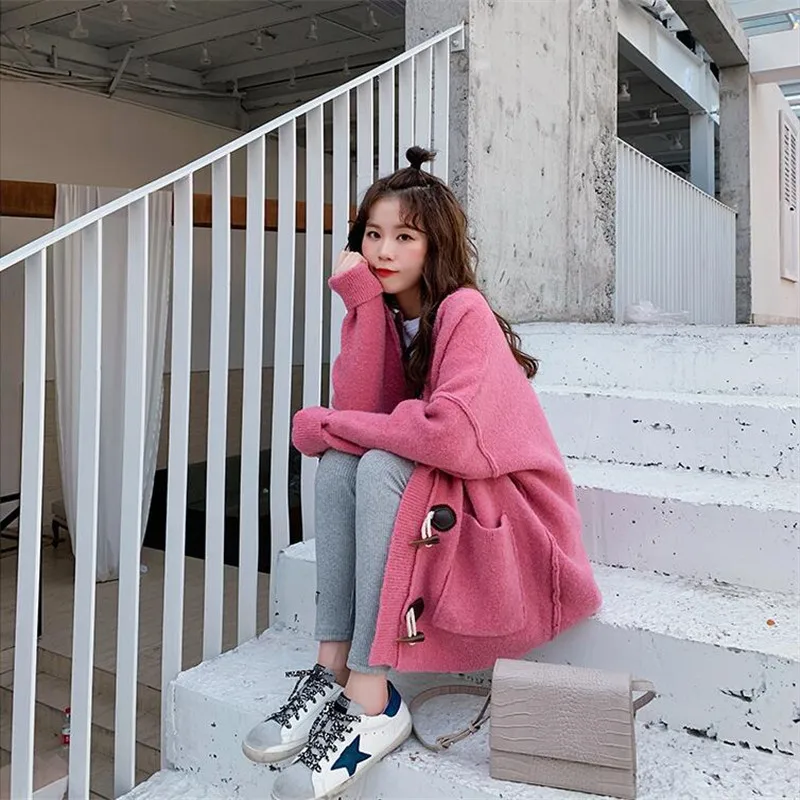 Sweater Cardigan Women's Loose Solid Color Long Sleeve Horn Buckle Spring and Autumn 2019 New Knitted Woolen Jacket Top |