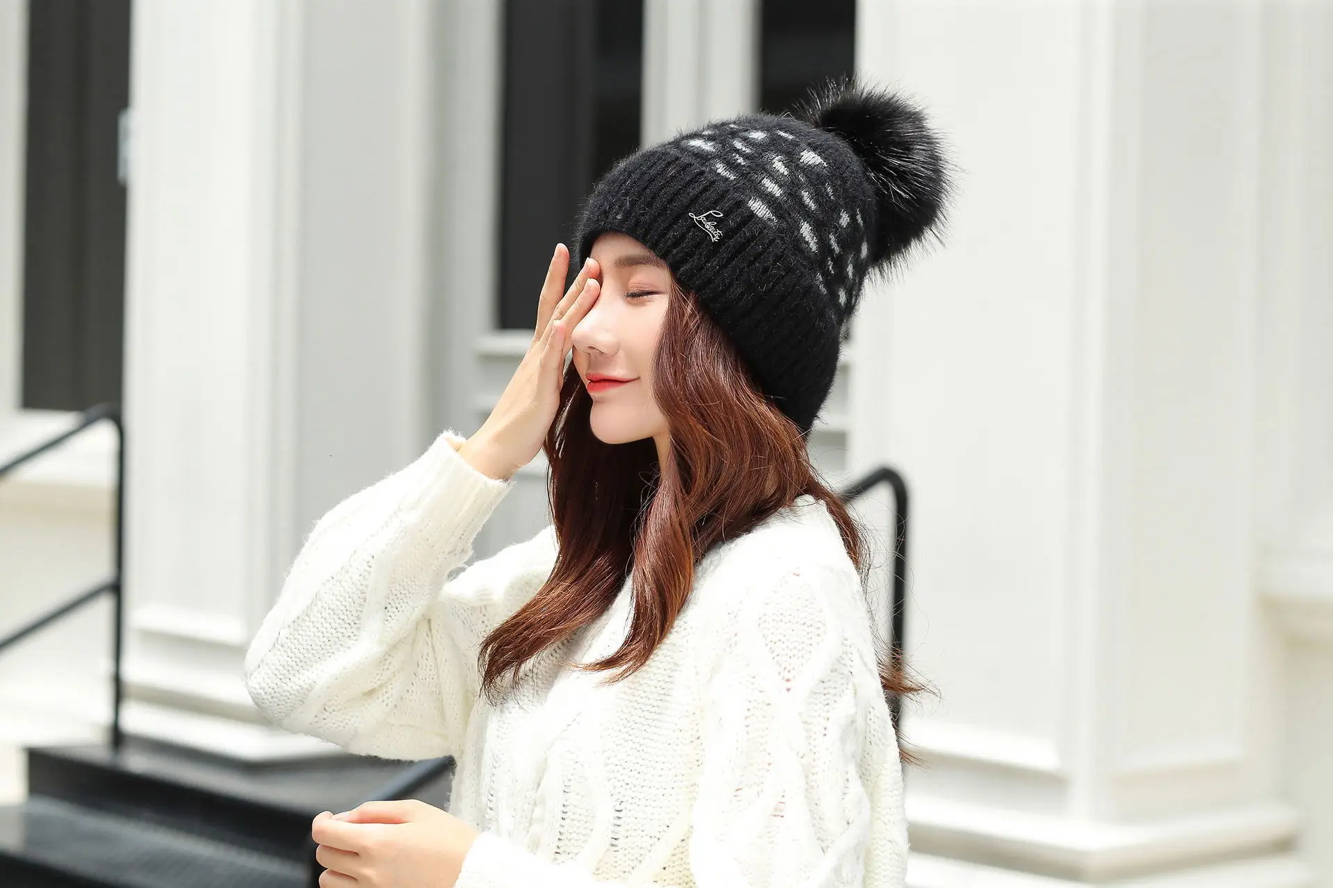 Women Beanies Pom Poms Rabbit Hat Beanie Knitted Skullies Fashion Caps Ladies Knit Cap Winter Hats For Women