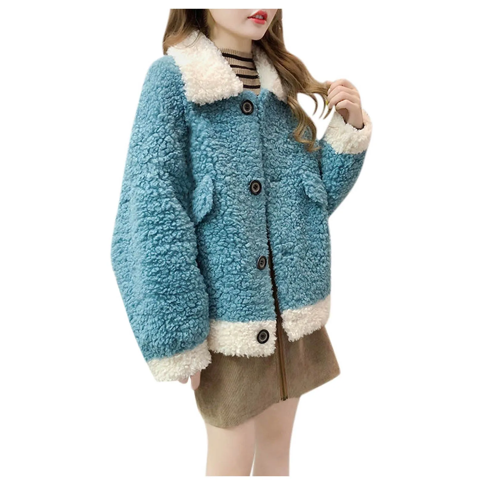 

Coat Women Patchwork Long Sleeve Plush Jackets Winter Warm Female Casual Single-breasted Overshirt Ladies Harajuku Chic Tops