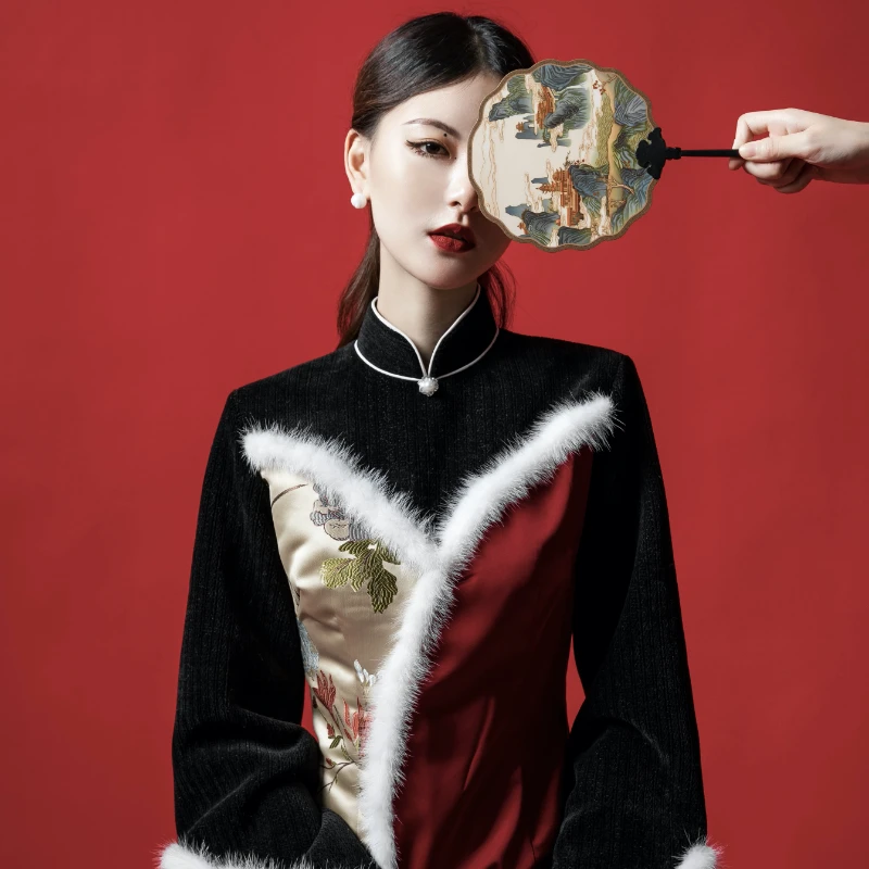 

12 customized cheongsam autumn and winter 2020 new thickened red Chinese style improved dress blooming