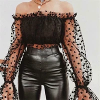 2020 fashion women lace see through blouse mesh polka dot puff long sleeve shirt sexy off shoulder elegant shirt female blusas