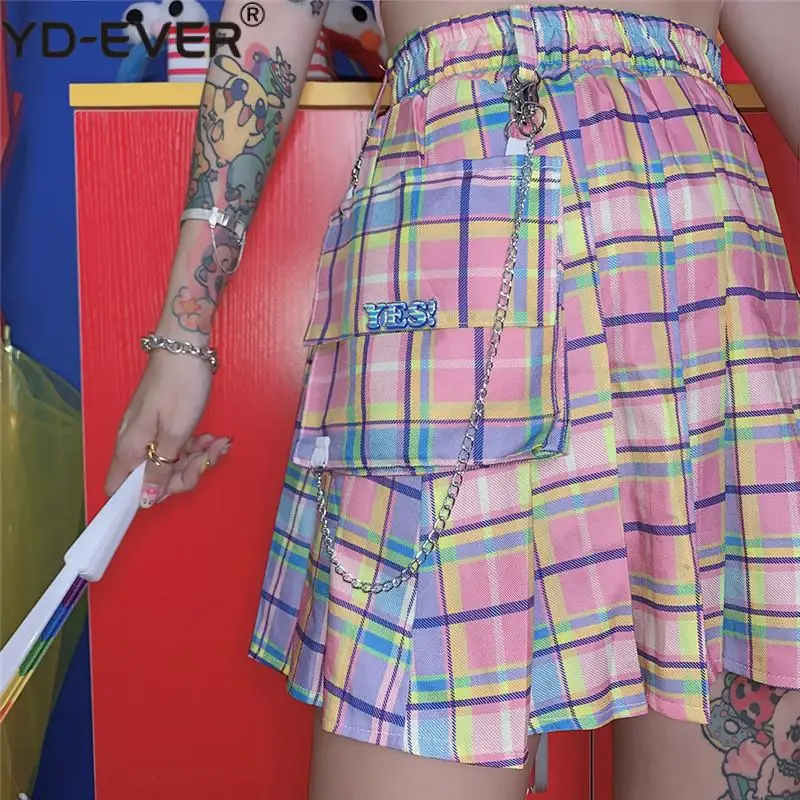 Женская юбка карго в радужную клетку Пастельная плиссированная мини с цепочкой и