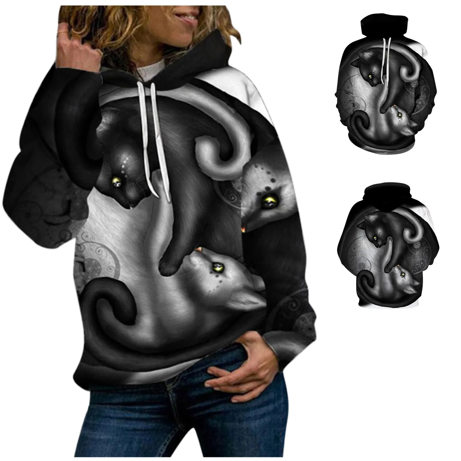 

Женская толстовка с капюшоном, удобные и теплые; С рисунком кота 3D свитер с цифровым принтом Свободный свитшот черно-белого цвета с изображе...