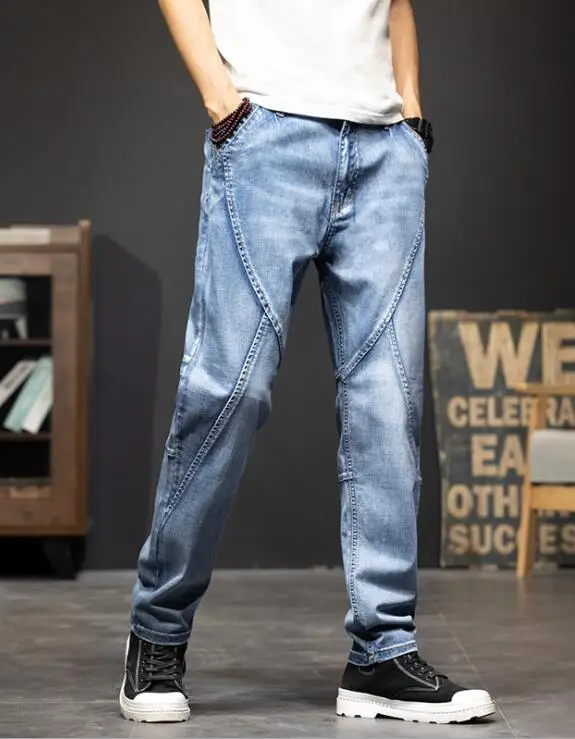 Men Jeans Thin Stretch Jeans Men Loose Straight-Leg Casual Mid-Waist Denim Trousers Size 28-44