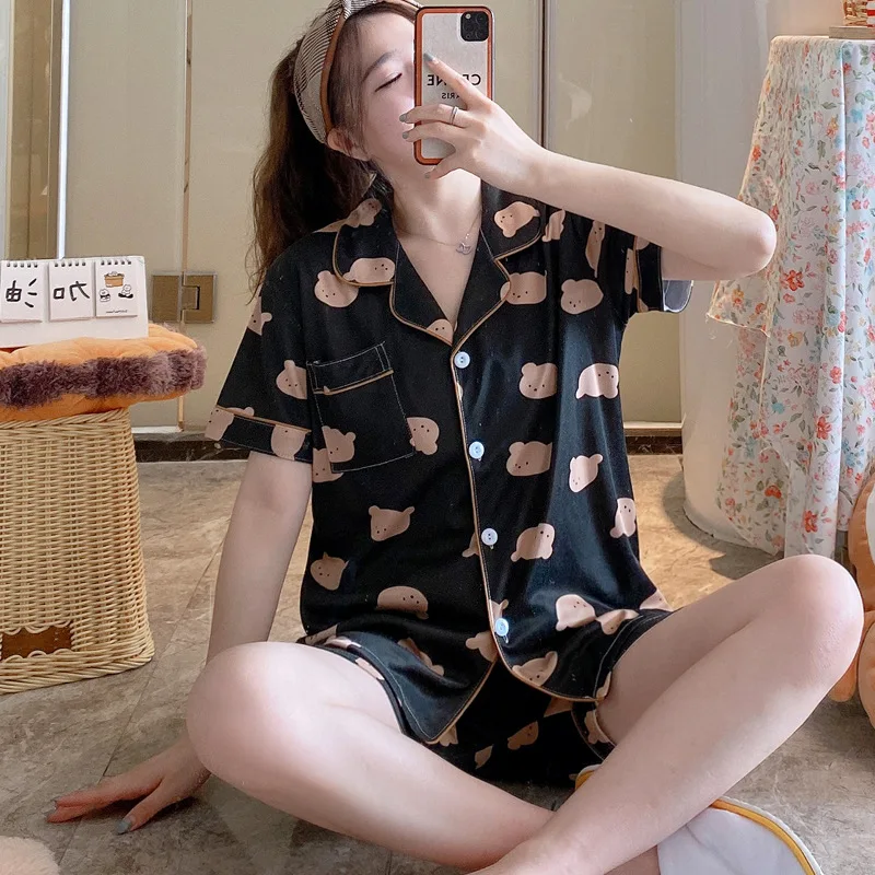 

Summer Short-sleeved Shorts Cardigan Pajamas Women Casual Home Wear