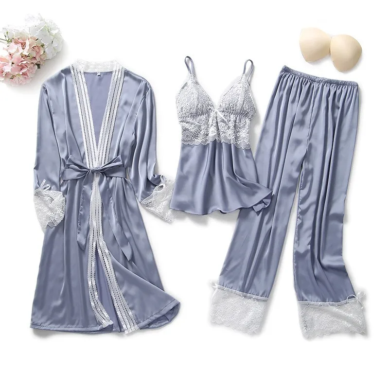 

Lace Trim 3PCS Pajamas Suit Women Sexy Sleepwear Nightwear Casual Sleep Set Home Clothing Kimono Bathrobe Gown Loose Pyjamas