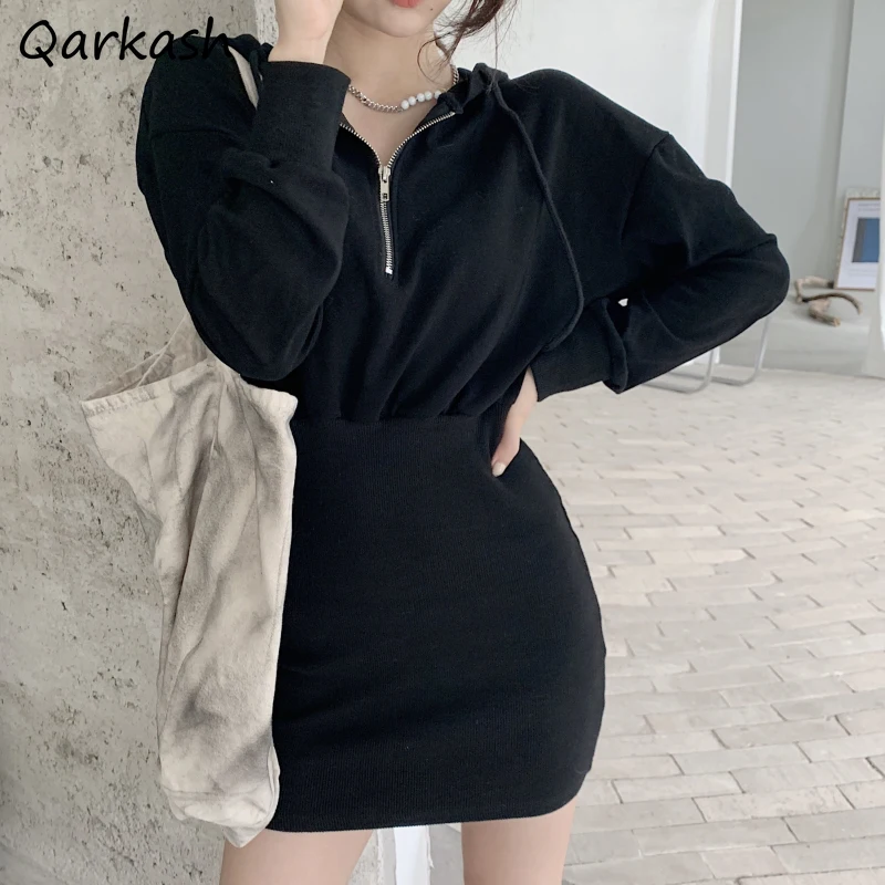 

Dress Women Bodycon Slim Simple Hooded Mini BF Zippers Design All-match Long Sleeve Vintage Students Spring Lady Clothes Abdomen