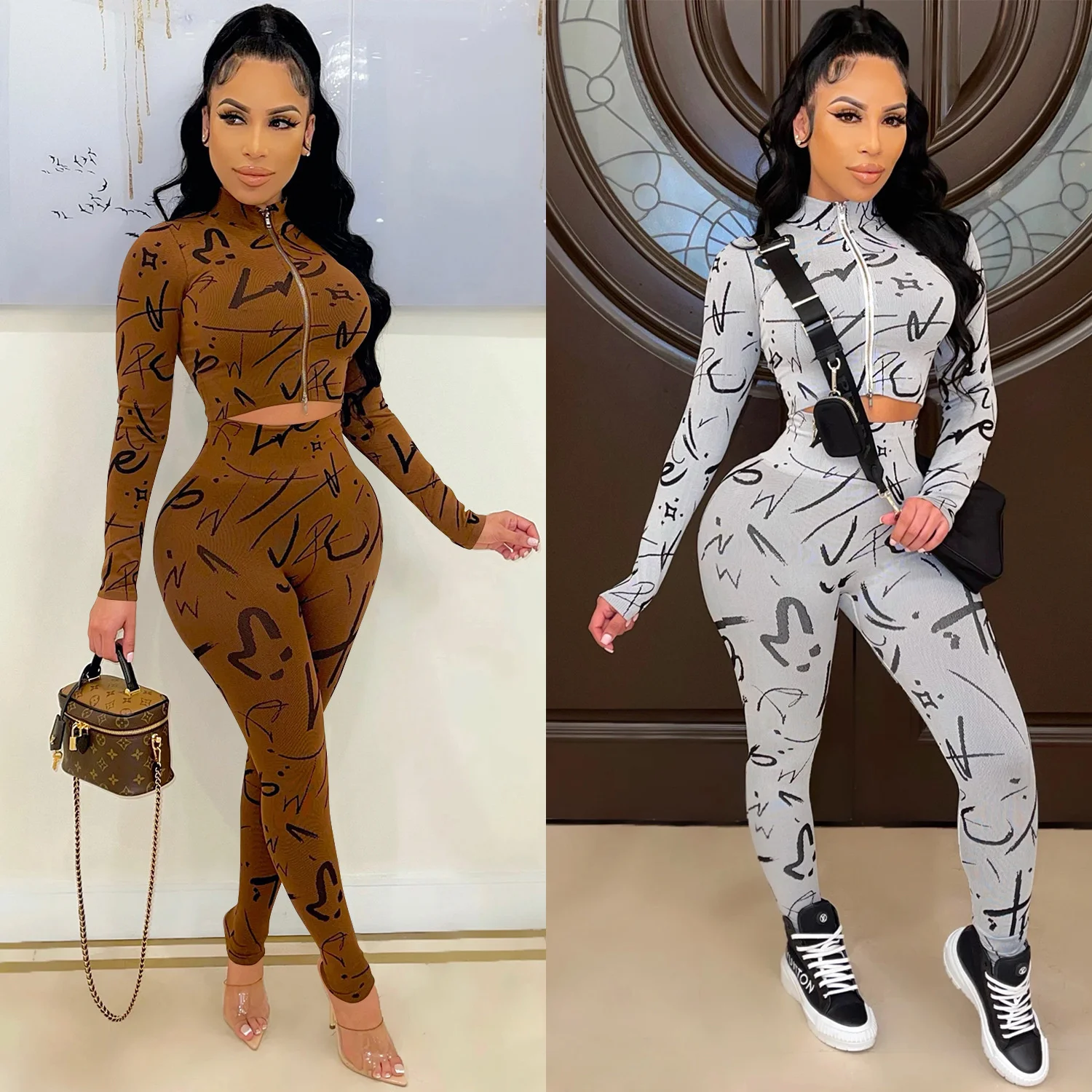 

Zoctuo Gothic Zipper Sets Women Two Piece Outfits Sets Digital Printing Zipper Long Sleeve Pants Two-piece Set