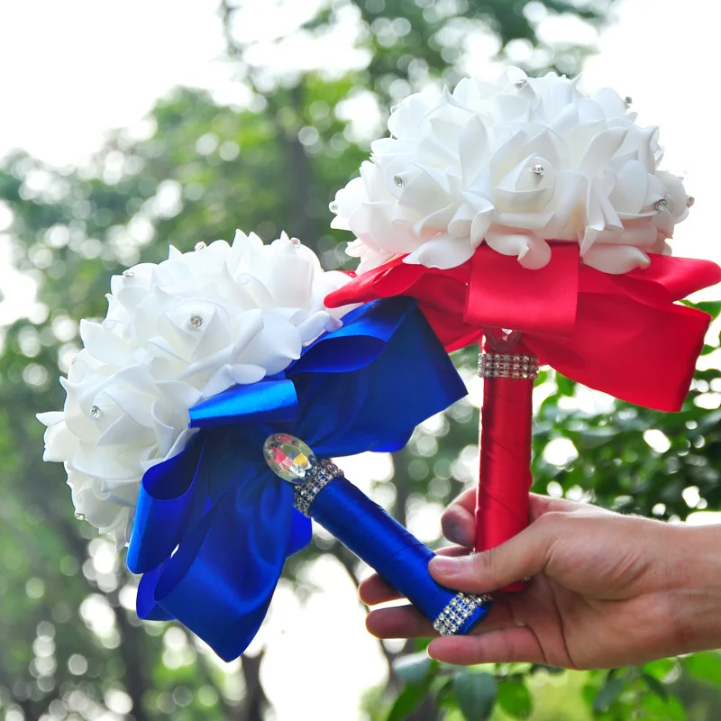 

Rhinestone Round Wedding Bouquet For Bride White Artificial Rose Flower Crystal Bridal Bouquets Wedding Accessories