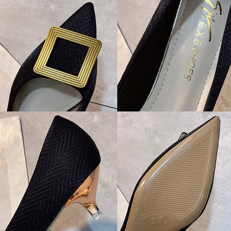 

PU Leather Black Office Lady High Heels Fashion Spring New Pointed Toe Shoes Women Casual Single Shoes Wild Work Stiletto Pumps