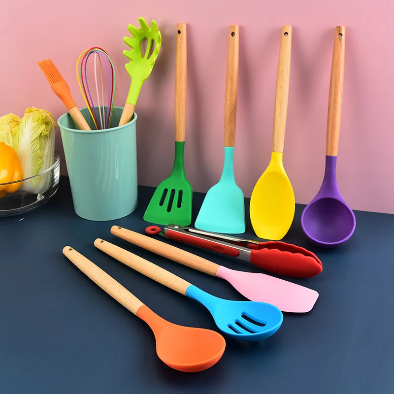 

Wooden Handle Silicone Kitchenware Set Non-stick Spatula Spoon Kitchenware Silicone New Color Set Household Cooking Tools