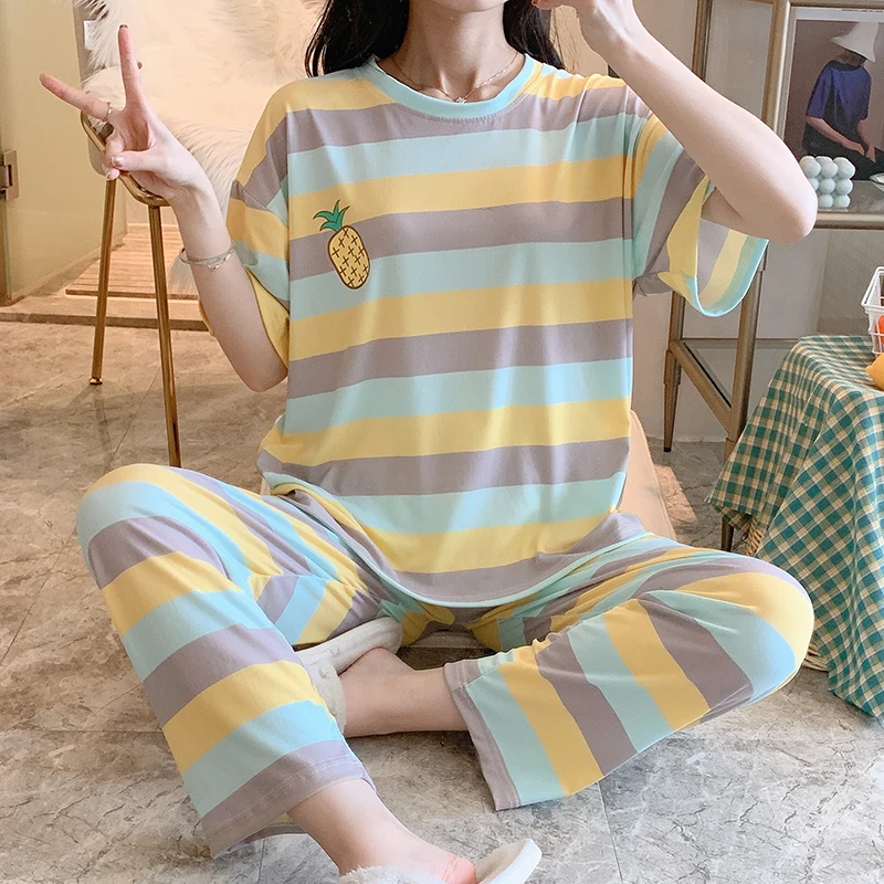 Sleepwear Sets for Women Lovely Pattern Pajamas Set Thin Cotton Short Sleeve Pant Home Wear Lazy Style Lady Underwear Pijamas | Женская