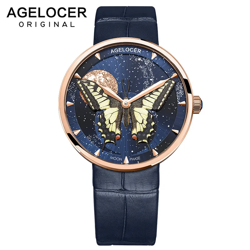 

AGELOCER Real Moonphase Watch Women Swiss Luxury Top Brand Butterfly Ladies Wrist Watches Bracelet Girl Clock Relogio Feminino