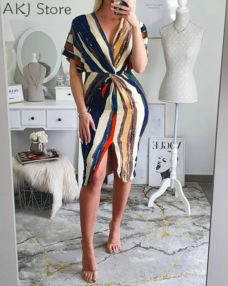 

Women Casual Striped Print V Neck Short Sleeve Midi Dress