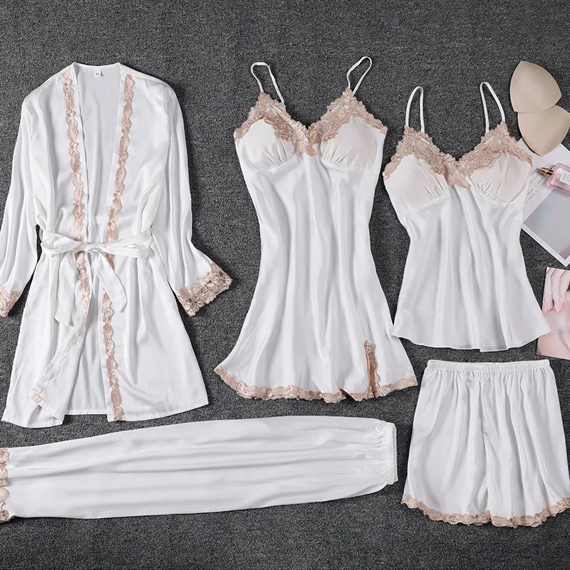 

White Faux Silk 5PCS Pajamas Set Women Satin Sleepwear Casual Lingerie Soft Loungewear V-NECK Kimono Robe Gown Sexy Home Clothes