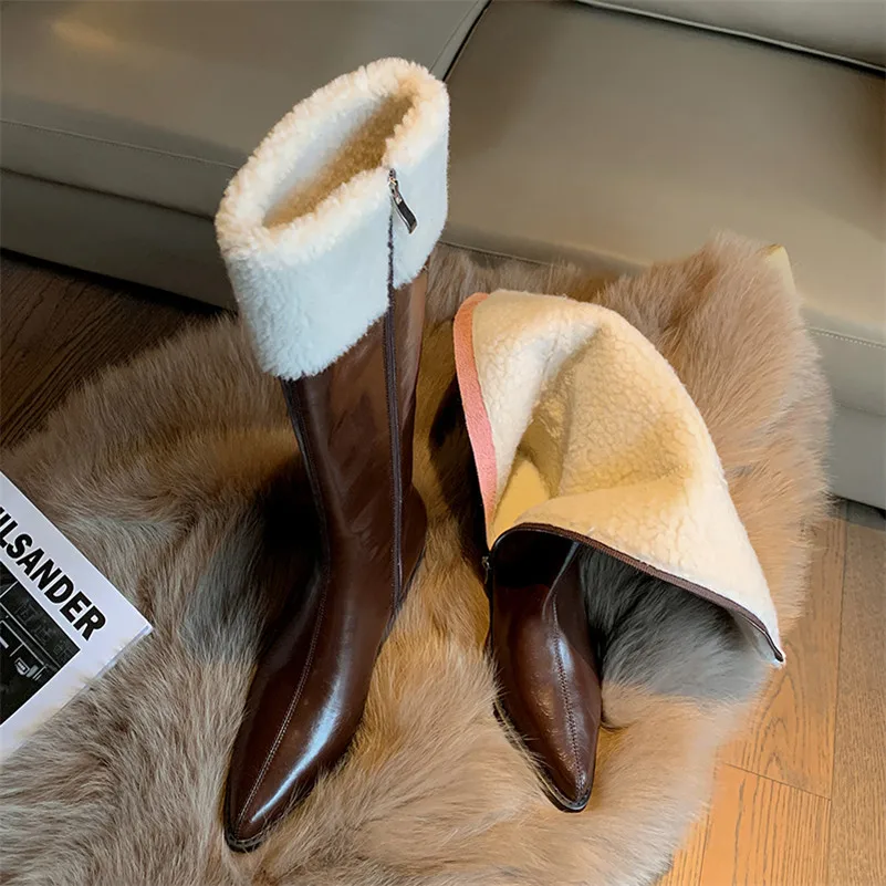 

ANNYMOLI Genuine Leather Med Heel Knee High Boots Women Boots Zipper Block Heel Shoes Pointed Toe Long Boots Female Fur Winter