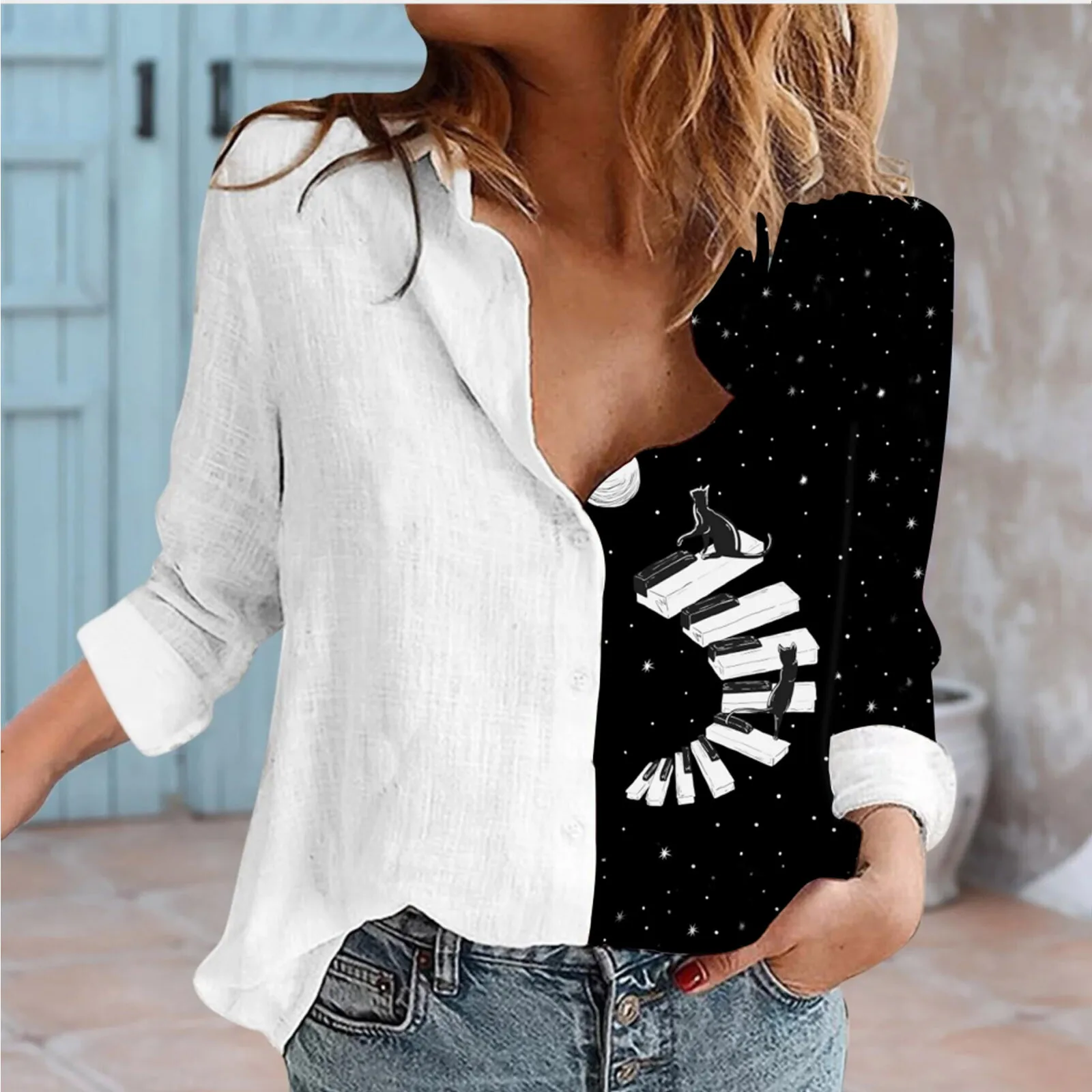 Рубашка с отложным воротником на пуговицах принтом кота длинным рукавом