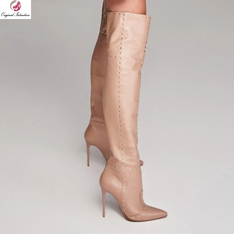

2021 Fashion Thigh High Boots Women Shoes Female Pointed Toe Rivet PU Leather Over The Knee Boots Winter Sexy Long Boots Size 47