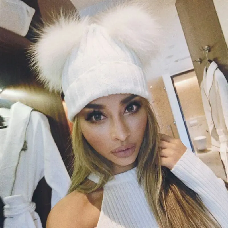 

Women Hat Winter Wool Beanie Outdoor Chunky Knit with Double Fur Pom Pom Cute Stretch Beanie Hat