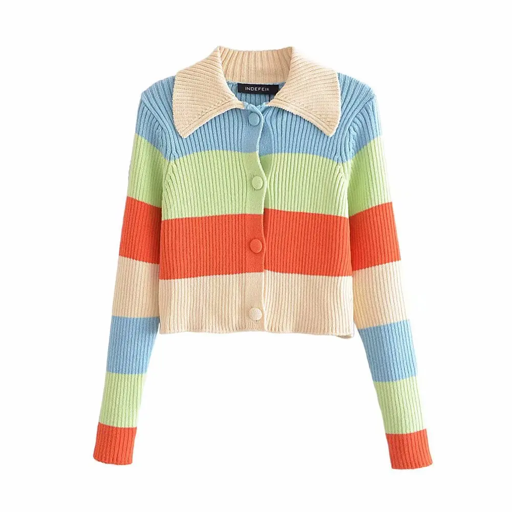 

Spring Autumn Women's Striped Rib Lapel Slim Short Knit Color Striped Cardigan Top