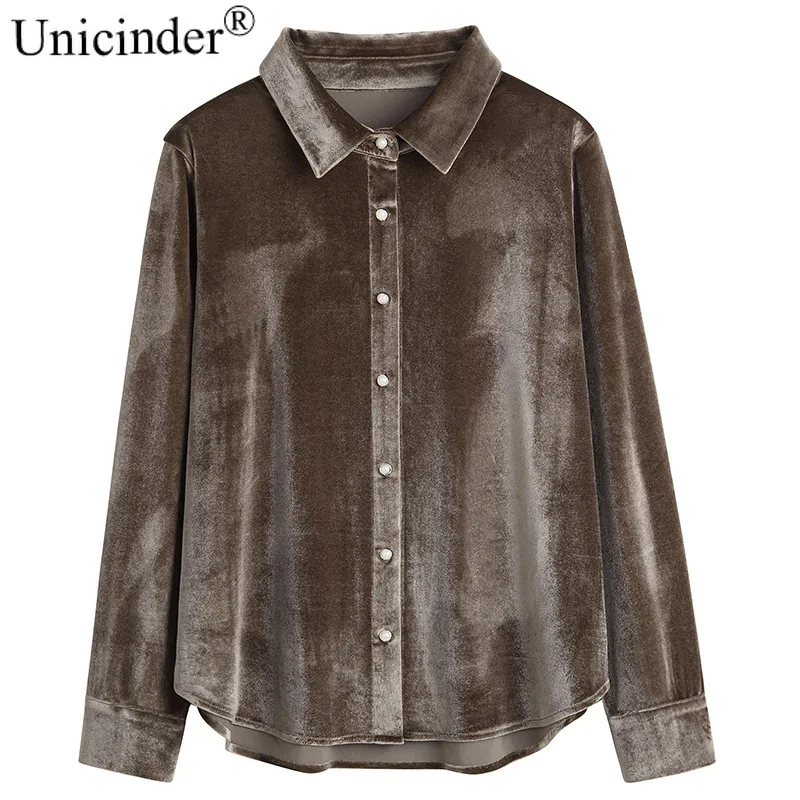 

Unicinder Autumn / Winter 2020 Plus Size Velvet Lapel Top Women Light Ripe Elastic Loose Show Thin Shirt #61016