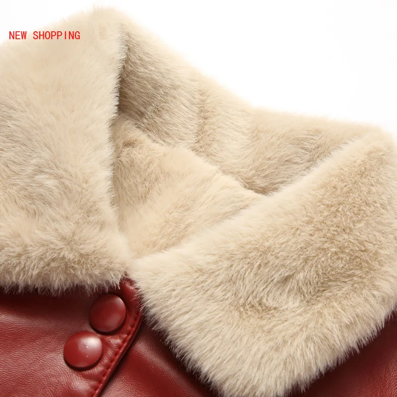 Winter Coats Long Leather Jackets Women Christmas Red Fur Coat Collar PU Leather Parkas Plus Velvet Motorcycle Jacket 5XL Xmas