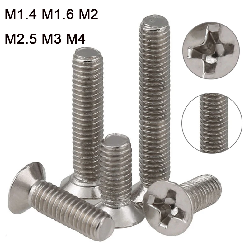Nickel Plated Countersunk Head Machine Screw M1.4 M1.6 M2 M2.5 M3 M4 Phillips Flat Head Screws Length 3-20mm