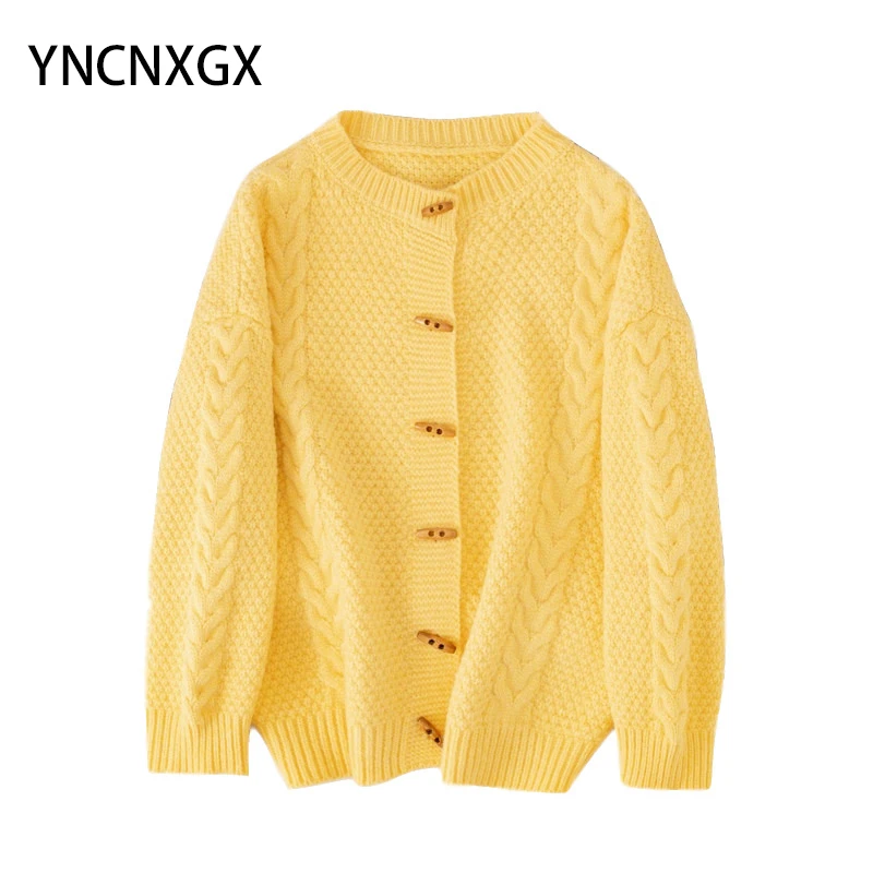 

Spring and Autumn Women Twist Knit Cardigan Crew Neck Loose Top All-match Horn Button Sweater Women's Coat