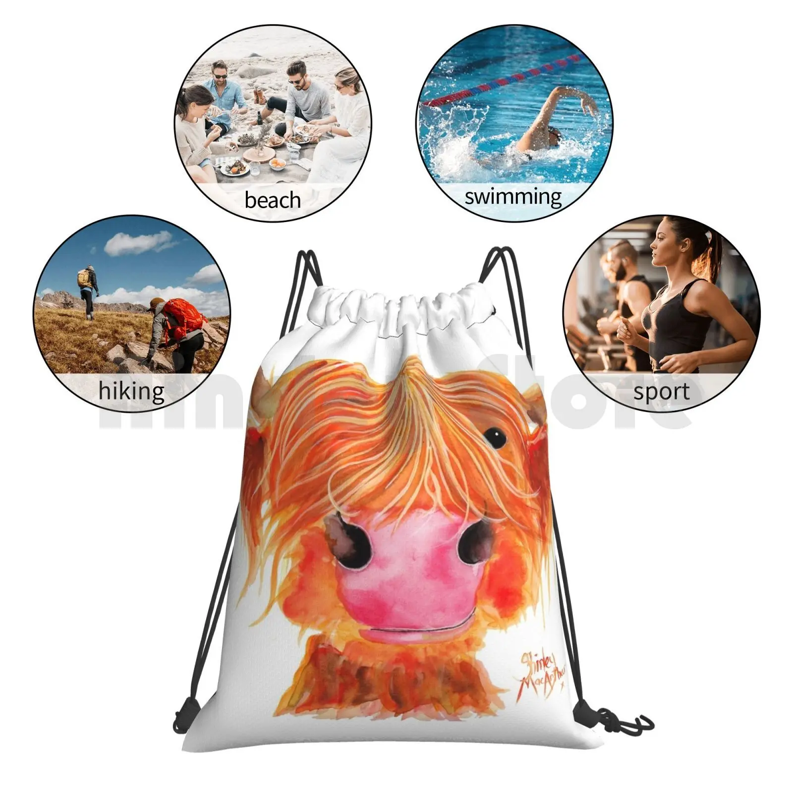 

Highland Cow ' Orange ' By Shirley Macarthur Backpack Drawstring Bag Riding Climbing Gym Bag Country Animal Snort Oink Nosey
