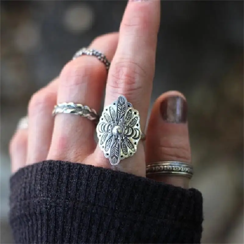 

Ethnic Style Retro Silver Colour Feather Moon Ring Bohemia Wide Version Women's Ring Girl Accessories Wedding Jewelry
