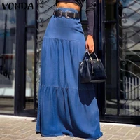 women demin maxi skirt 2021 vonda vintage high waist zipper ruffled skirt solid color pleated long maxi skirts oversized