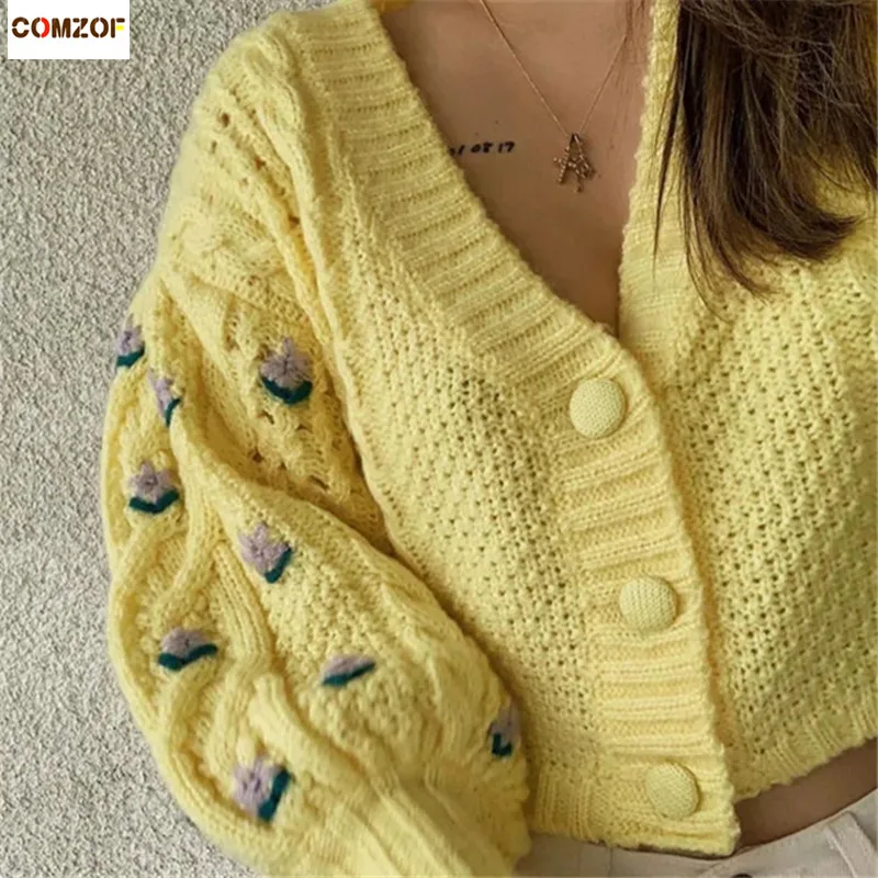 

2020 Autumn winter women short sweaters long sleeve crop top cardigan v neck flower loose coats woman knitted sweater