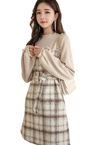 

New Korean 2019 Loose New Women Dresses Casual Brief A-line Dresses Plaid Patchwork Fashion Vintage Belt Jurken