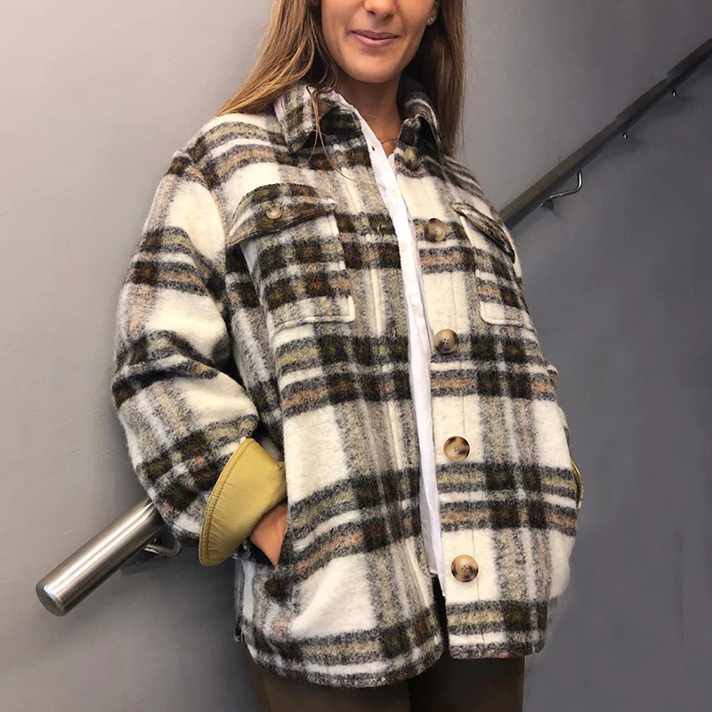 

Autumn Winter Vintage Contrast Colors Cashmere Coat Women Fashion Buttons Pockets Turn-down Shirt Jackets