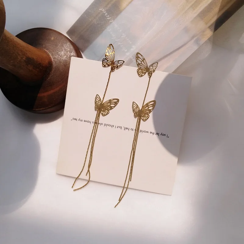 Длинные серьги подвески S925 милые ювелирные изделия с золотым покрытием бабочка