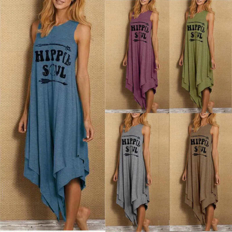 

Women Tank Dress Summer Fashion Print Letter Simply O-Neck Vest Dresses Casual Loose Female Sleeveless Irregular Hem Vestidos
