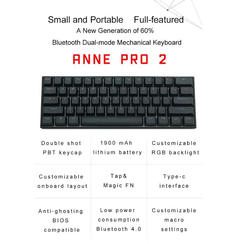 Клавиатура игровая Anne Pro 2 60% механическая Bluetooth с RGB-подсветкой 61 клавиша |