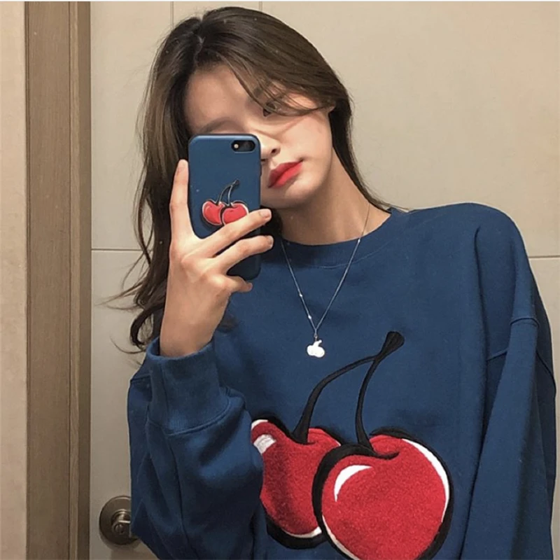 

4 Colors New Autumn Harajuku Kawaii Women Sweatshirt Girl Ins Cute Embroidery Cherry Pullover Female Retro Fleece Tops Mujer