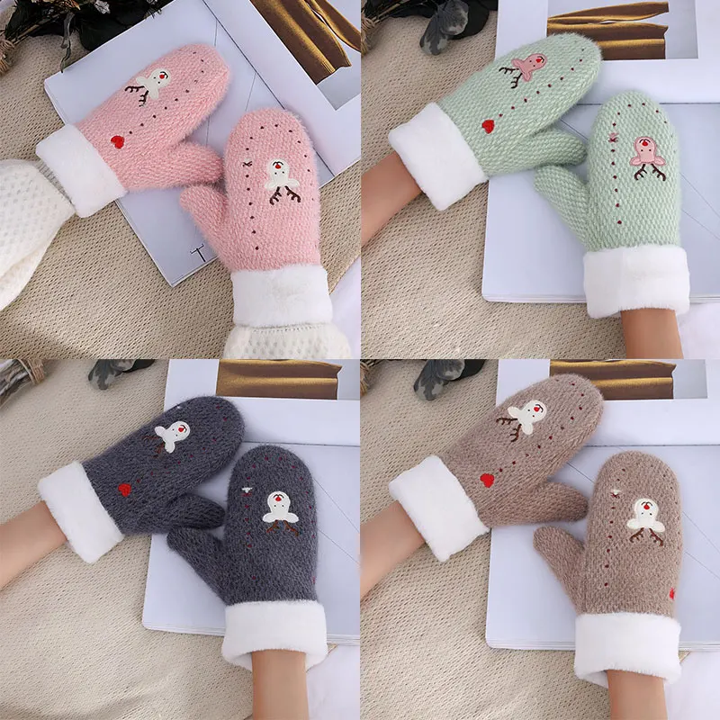 

Cute Embroidery Cartoons Elk Gloves Women Knitted Thicken Plus Velvet Gloves Wool Knit Cashmere Plush Warm Full Fingers