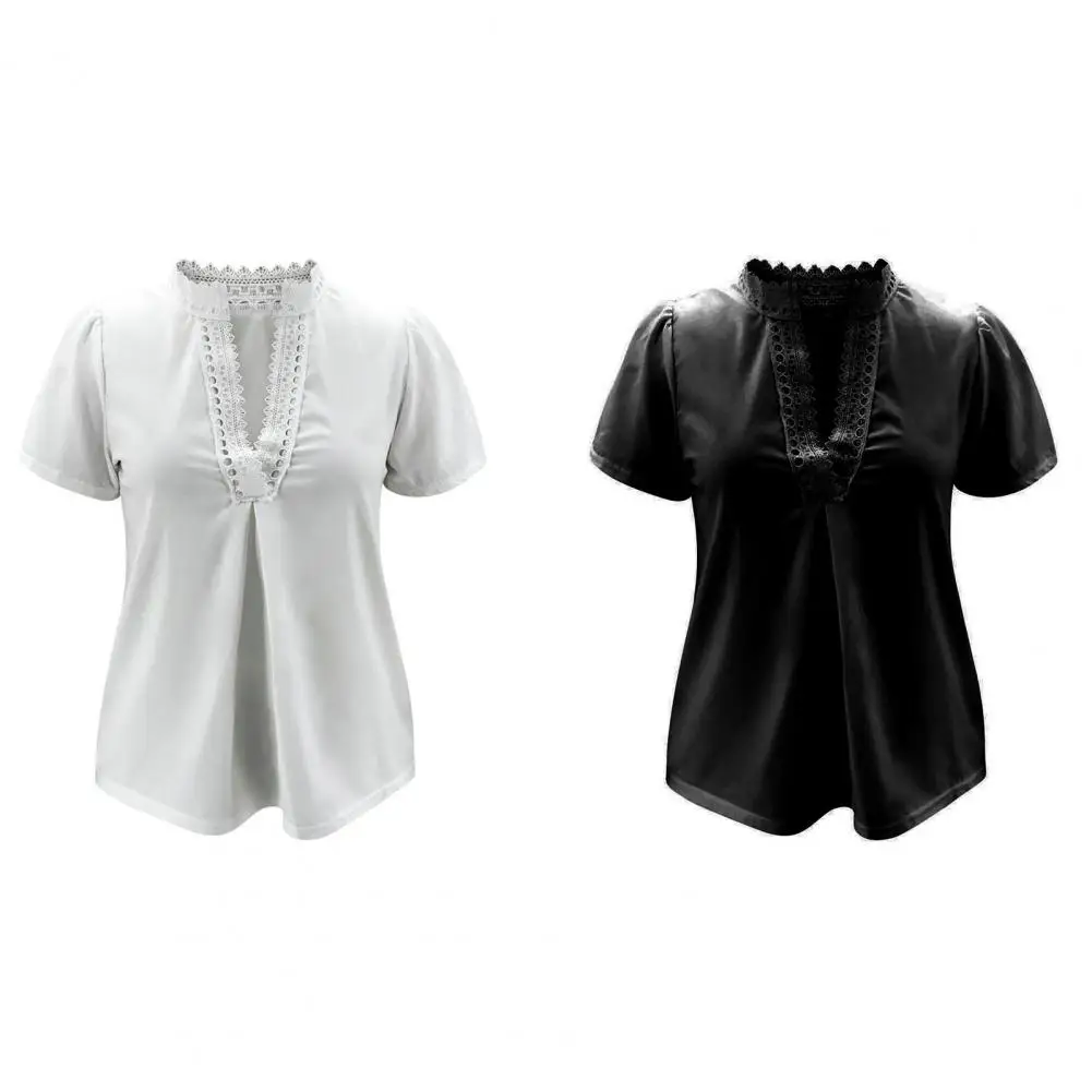 

T-shirt Short Sleeve Lace Deep V Neck Top Women Solid Color Hollow Out Blouse for Office