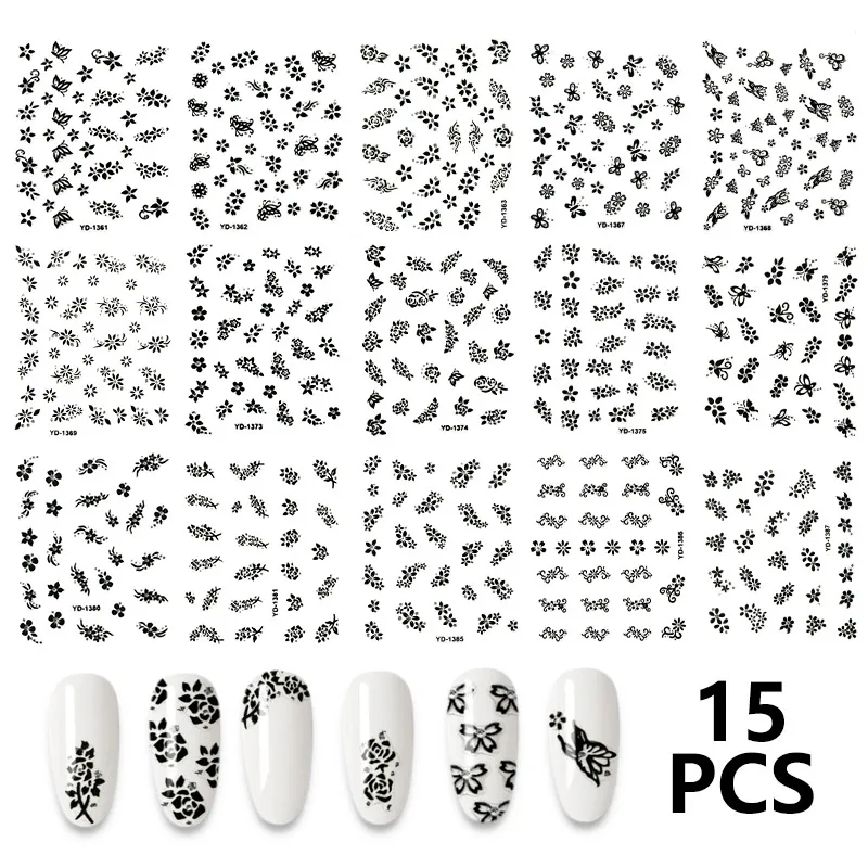

15 шт./компл., наклейки для ногтей, черный, натуральный маникюр, цветок, Бабочка, графика для ногтей, дизайн ногтей, декоративные Типсы
