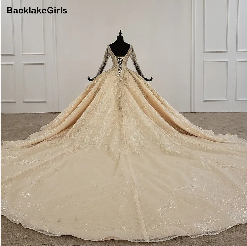 BacklakeGirls African Wedding Dresses Sexy V Neck Sheer Long Sleeve Big Tailing Princess Luxury Dress 2020 Robe De Bal | Свадьбы и