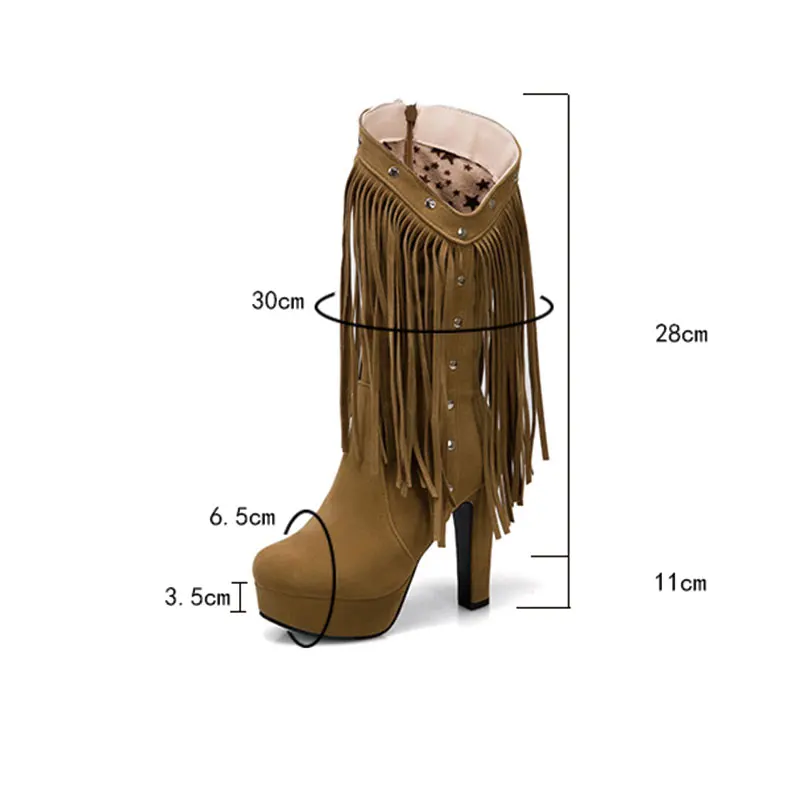 Женские сапоги с бахромой Lasyarrow зимние до середины икры на толстом каблуке 11 см 2021