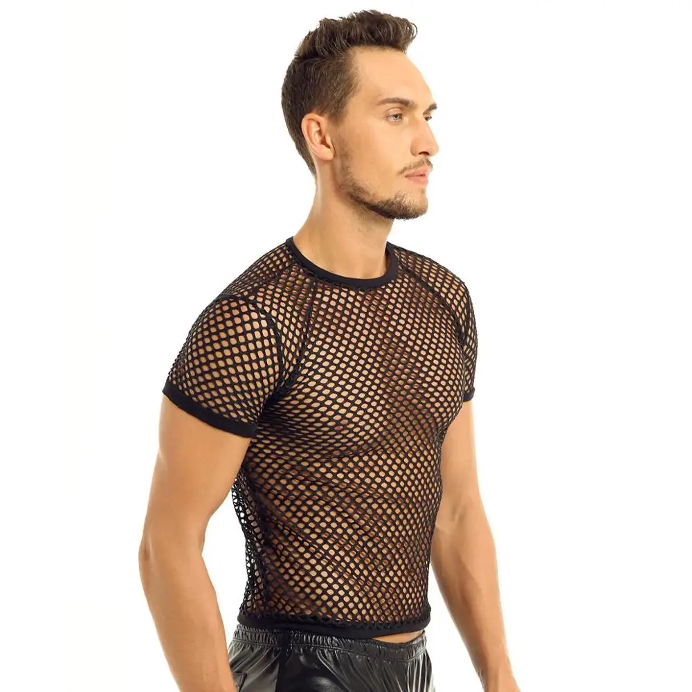 Мужская сексуальная сетчатая Прозрачная Футболка Модные ажурные футболки с
